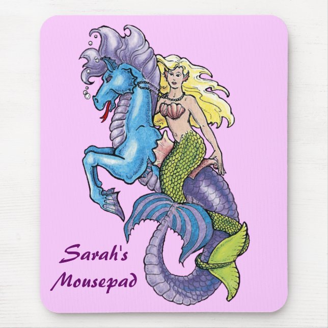 Mermaid and Seahorse Watercolor Mousepad (Front)