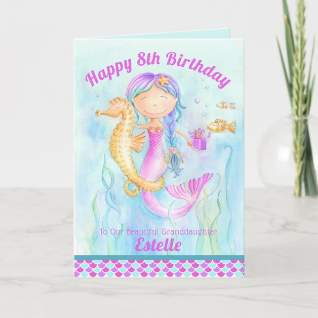 Mermaid and seahorse whimsy watercolor birthday card (Front)