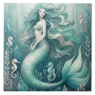 Mermaid and Seahorses - Oceanic Ceramic Tile