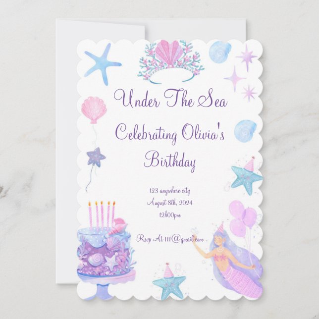 Mermaid and seashells girl Birthday Invitation (Front)