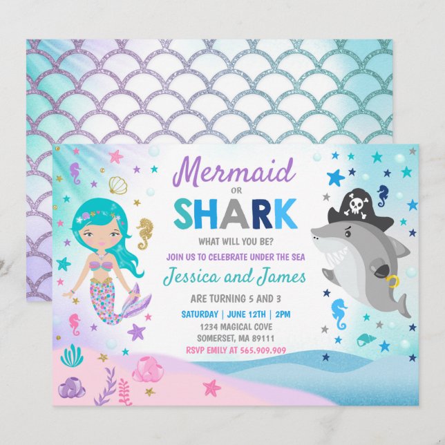 Mermaid And Shark Birthday Invitation Pool Party (Front/Back)