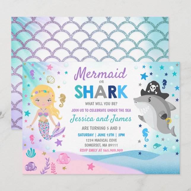 Mermaid And Shark Birthday Invitation Pool Party (Front/Back)