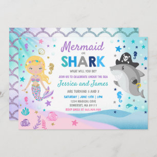 Mermaid And Shark Birthday Invitation Pool Party