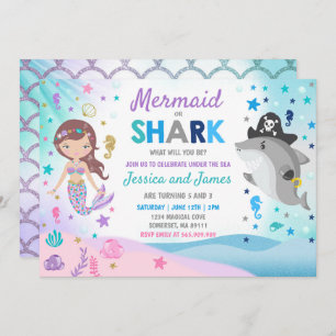 Mermaid And Shark Birthday Invitation Pool Party