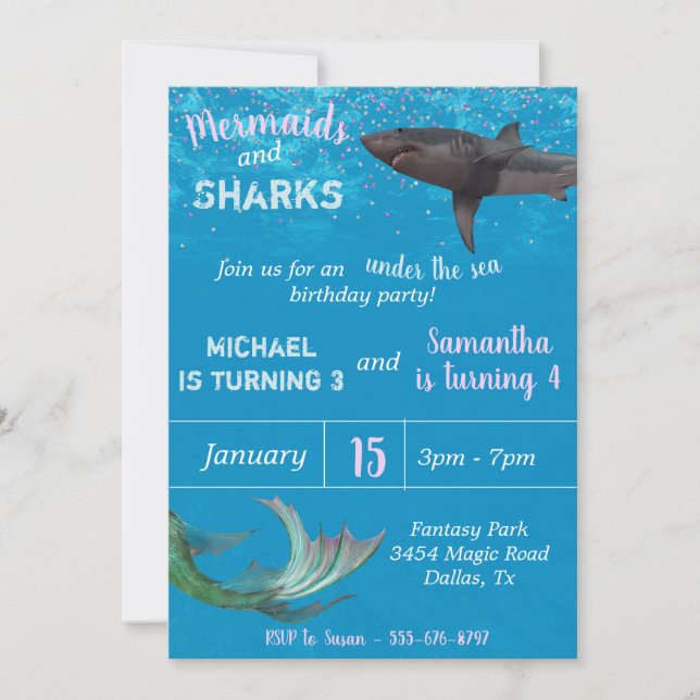 Mermaid and Shark Child's Birthday Party Under Sea Invitation (Front)