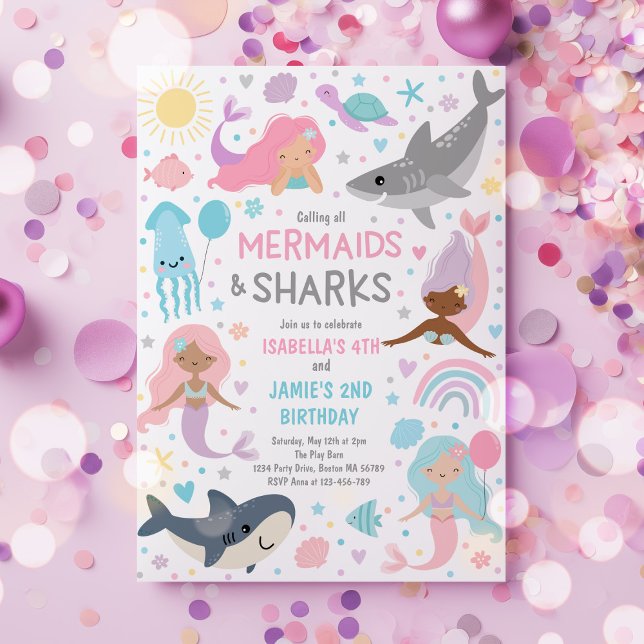Mermaid And Shark Sibling Joint Birthday Party  Invitation (Creator Uploaded)