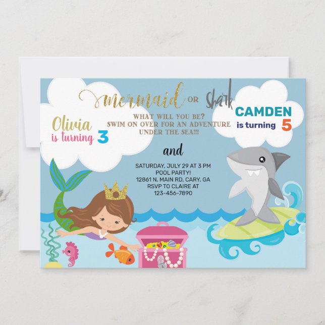 Mermaid and shark siblings invitation. invitation (Front)
