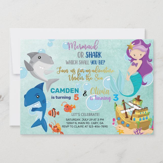 Mermaid and shark siblings invitation. invitation (Front)