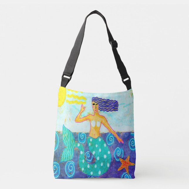 Mermaid and Starfish Abstract Art Beach Bag (Front)