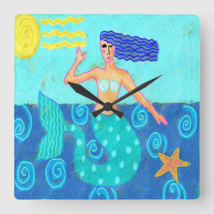 Mermaid and Starfish Abstract Art Square Wall Clock