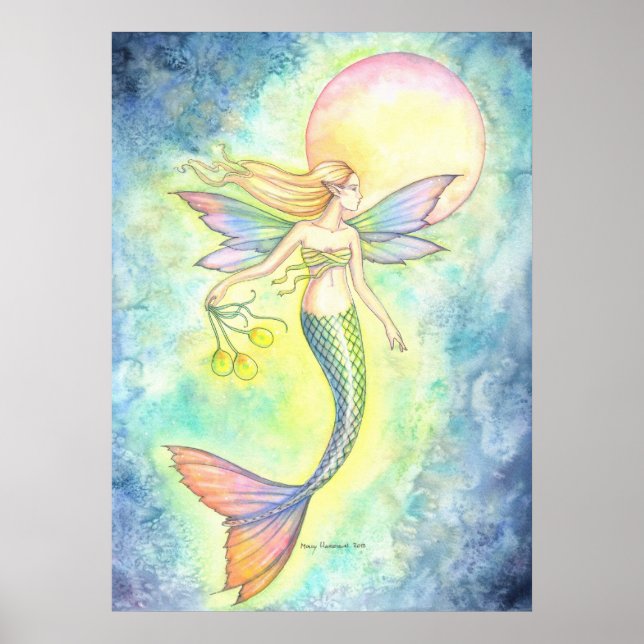 Mermaid and the Moon Bubble Fantasy Art Poster (Front)