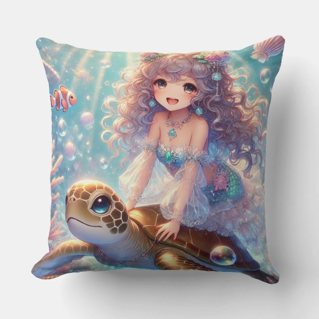 Mermaid and turtle Square Pillow (Front)