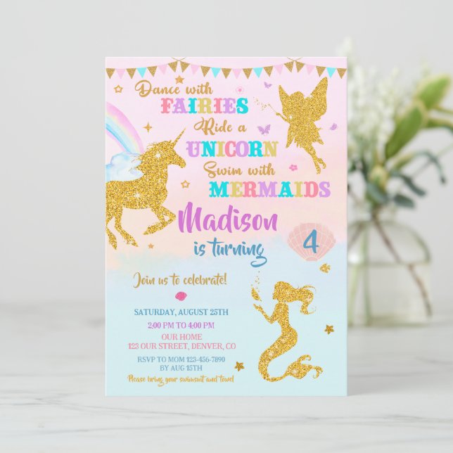 Mermaid and unicorn birthday invitation Girl bday (Standing Front)