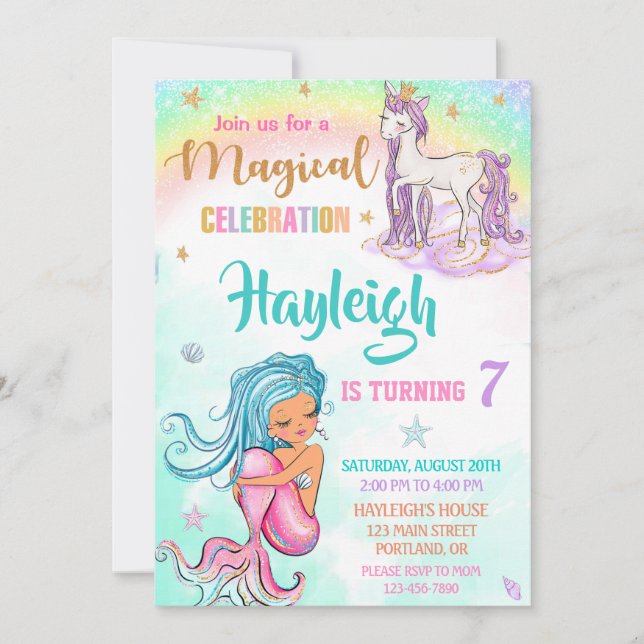 Mermaid and Unicorn birthday invitation Girl party (Front)