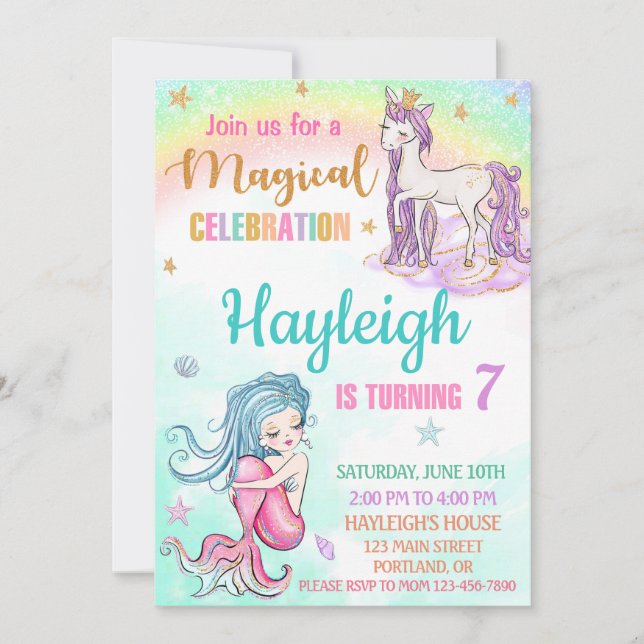 Mermaid and Unicorn birthday invitation Girl party (Front)