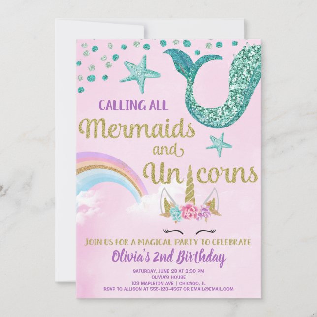 Mermaid and Unicorn pink gold teal birthday Invitation (Front)
