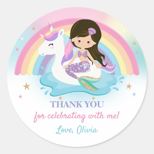 Mermaid and Unicorn Pool Birthday Party Favour  Classic Round Sticker (Front)