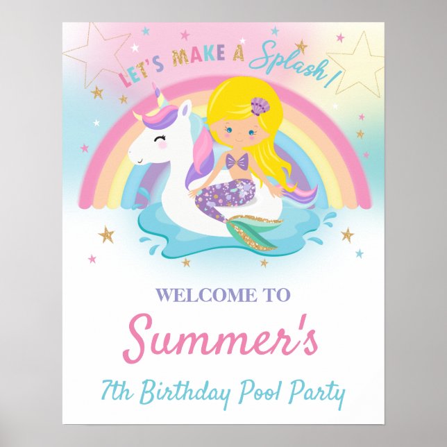 Mermaid and Unicorn Pool Birthday Party Welcome Po Poster (Front)