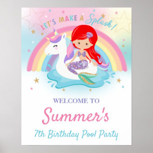 Mermaid and Unicorn Pool Birthday Party Welcome Poster