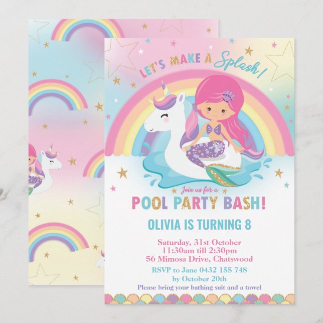 Mermaid and Unicorn Pool Party Birthday Pink Hair Invitation (Front/Back)
