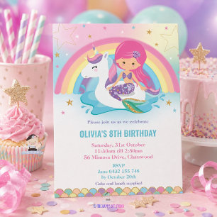 Mermaid and Unicorn Rainbow Pool Party Birthday Invitation