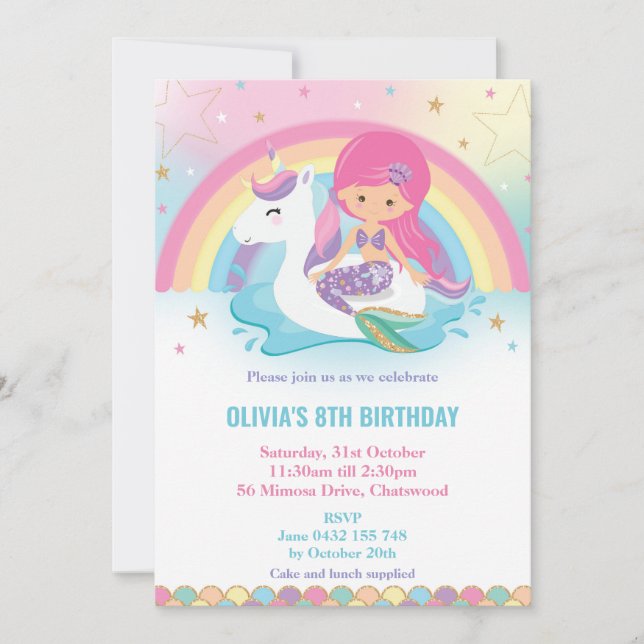 Mermaid and Unicorn Rainbow Pool Party Birthday Invitation (Front)