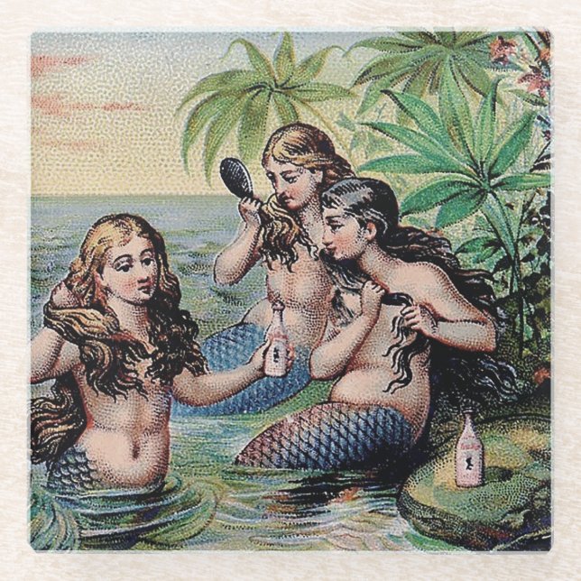 Mermaid Antique Magic Nautical Ocean Glass Coaster (Front)