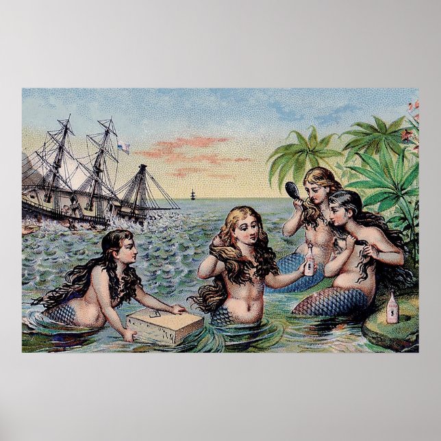 Mermaid Antique Magic Nautical Ocean Poster (Front)