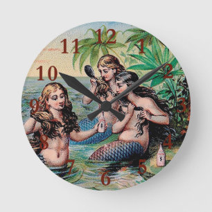 Mermaid Antique Magic Nautical Ocean Round Clock