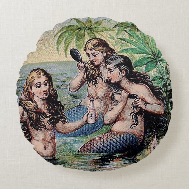 Mermaid Antique Magic Nautical Ocean Round Cushion (Front)