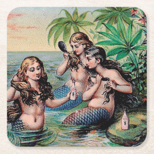 Mermaid Antique Magic Nautical Ocean Square Paper Coaster