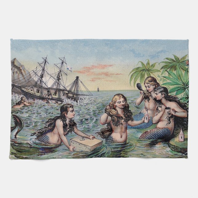 Mermaid Antique Magic Nautical Ocean Tea Towel (Horizontal)