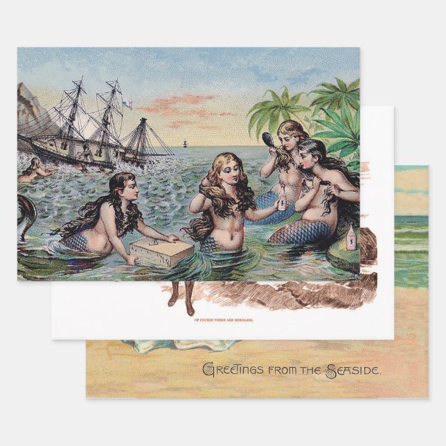 Mermaid Antique Magic Nautical Ocean Wrapping Paper Sheet (Set)