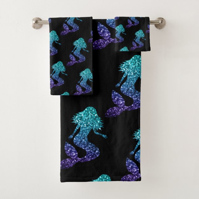Mermaid aqua blue ombre Sparkles pattern black Bath Towel Set (Insitu)