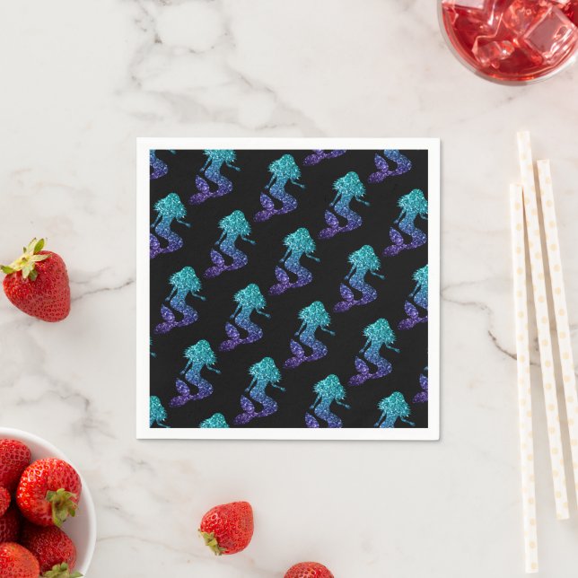 Mermaid aqua blue ombre Sparkles pattern black Napkin (Insitu)