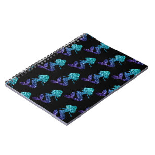 Mermaid aqua blue ombre Sparkles pattern black Notebook