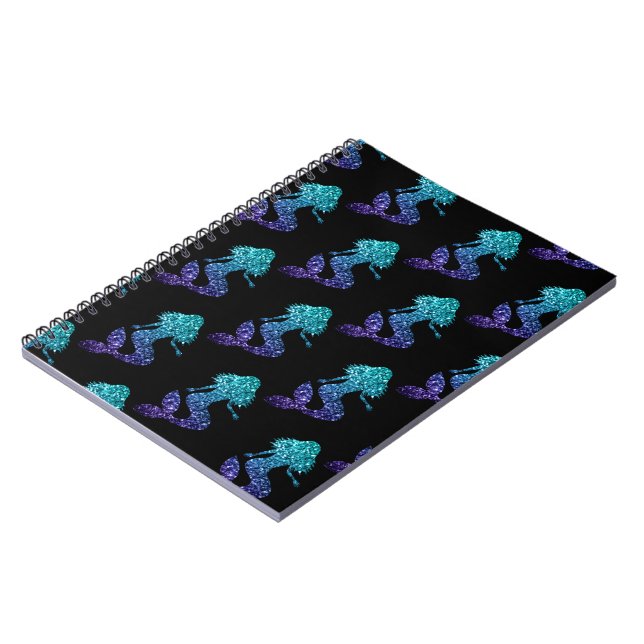 Mermaid aqua blue ombre Sparkles pattern black Notebook (Left Side)