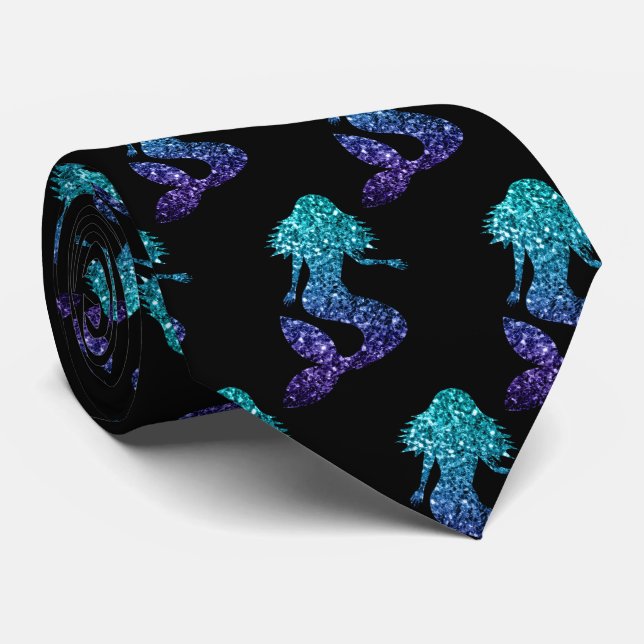 Mermaid aqua blue ombre Sparkles pattern black Tie (Rolled)