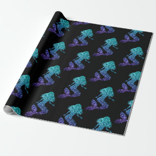 Mermaid aqua blue ombre Sparkles pattern black Wrapping Paper