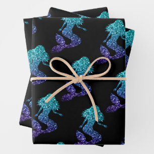 Mermaid aqua blue ombre Sparkles pattern black Wrapping Paper Sheet