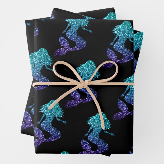 Mermaid aqua blue ombre Sparkles pattern black Wrapping Paper Sheet (In situ)