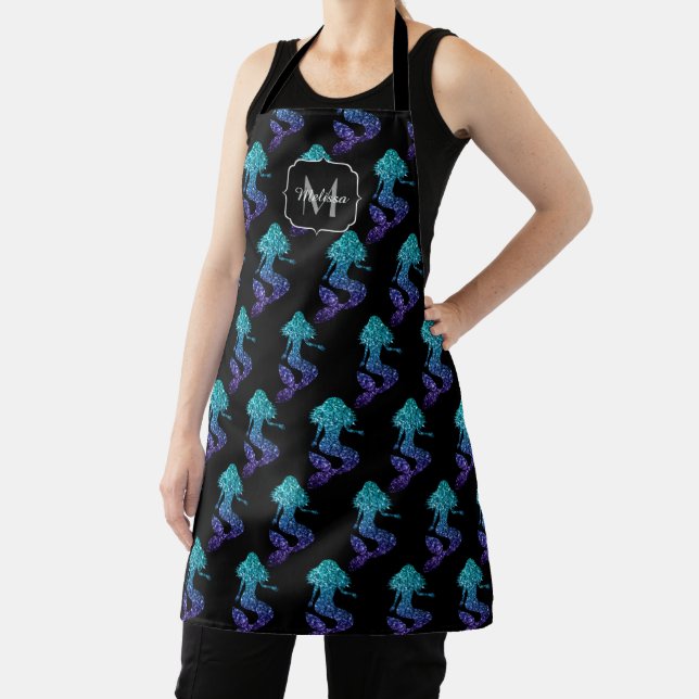 Mermaid aqua blue ombre Sparkles pattern Monogram Apron (Insitu)