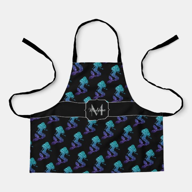Mermaid aqua blue ombre Sparkles pattern Monogram Apron (Front)