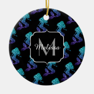Mermaid aqua blue ombre Sparkles pattern Monogram Ceramic Tree Decoration