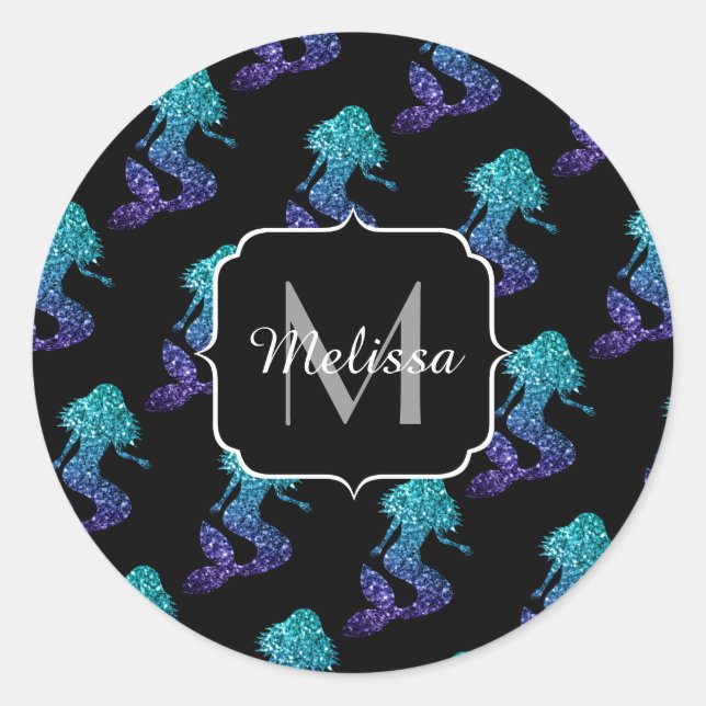 Mermaid aqua blue ombre Sparkles pattern Monogram Classic Round Sticker (Front)
