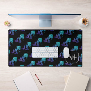 Mermaid aqua blue ombre Sparkles pattern Monogram Desk Mat