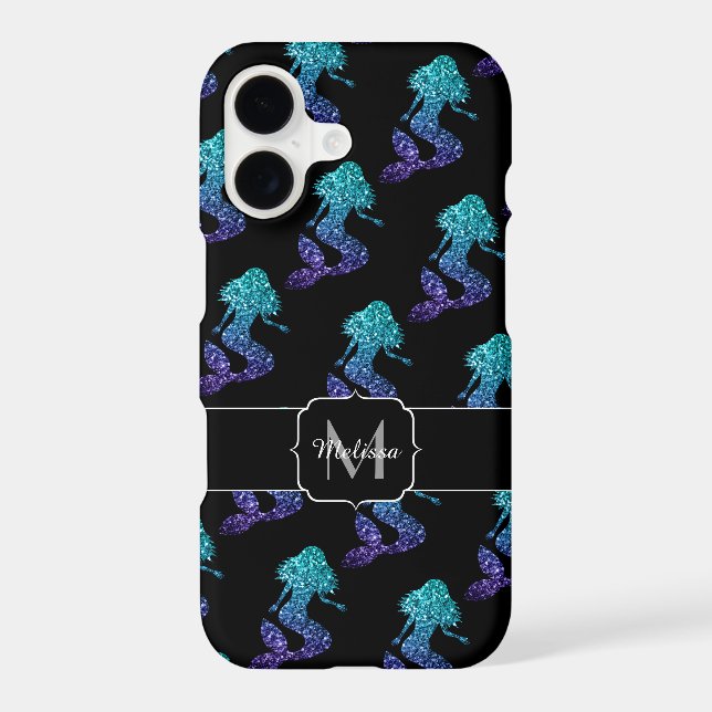 Mermaid aqua blue ombre Sparkles pattern Monogram iPhone Case (Back)