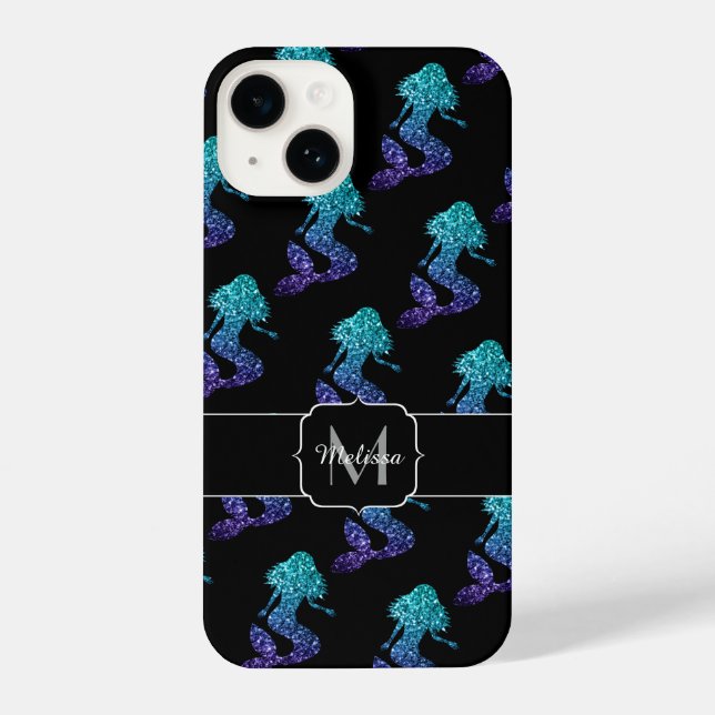 Mermaid aqua blue ombre Sparkles pattern Monogram iPhone Case (Back)