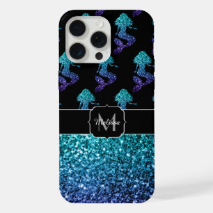 Mermaid aqua blue ombre Sparkles pattern Monogram iPhone 15 Pro Max Case