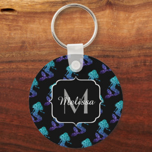 Mermaid aqua blue ombre Sparkles pattern Monogram Key Ring